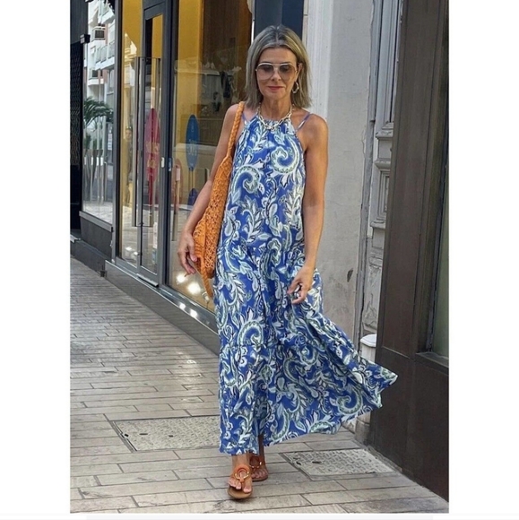 Zara Tiered Floral Print Blue White Cotton Dress Bloggers Favorite - Picture 12 of 16